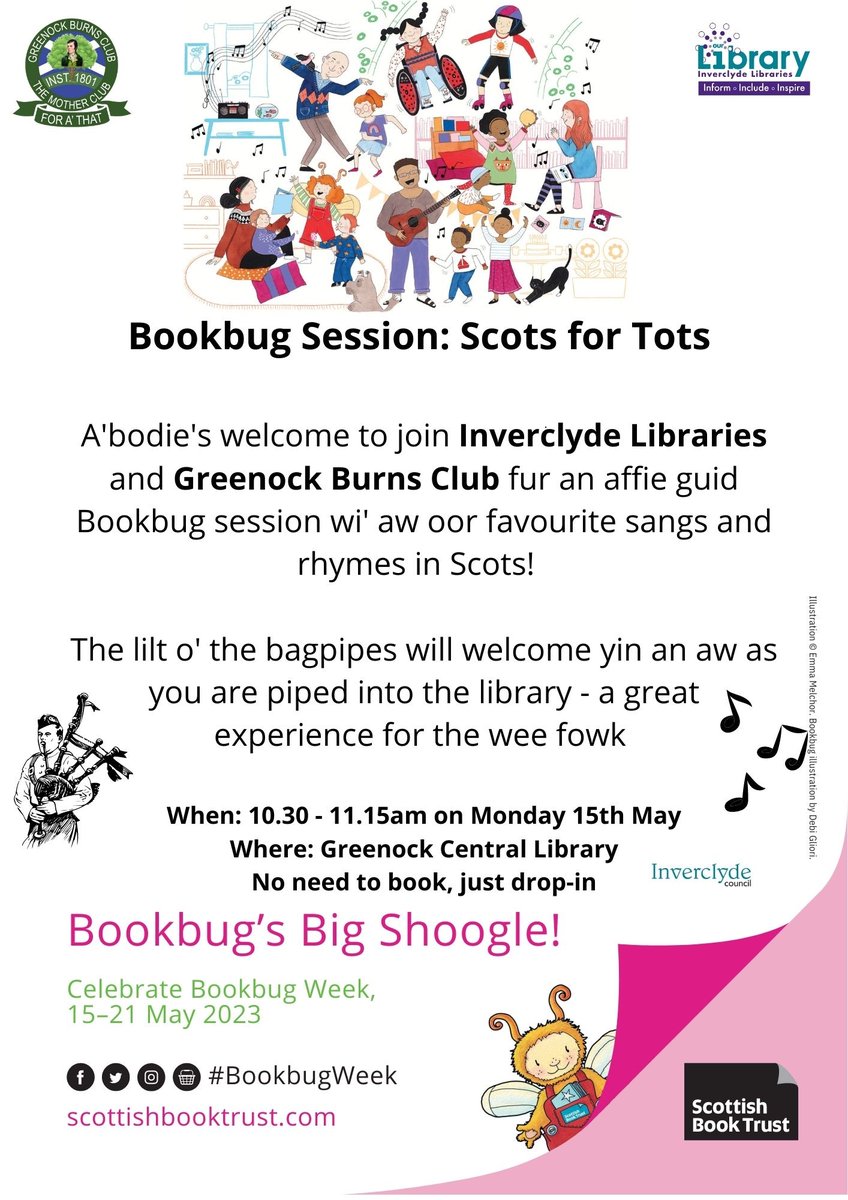 InverclydeLibs's tweet image. 4/4
Join #InverclydeLibraries &amp;amp; @MotherClub1801
for an affie guid time wi’  aw oor favourite sangs and rhymes at oor #ScotsForTots #BookbugSession!  

🗺 Greenock Central Library
 📅Monday 15th May, 10.30-11.15am 

  Nae need tae book, just drop-in!

#BookbugWeek