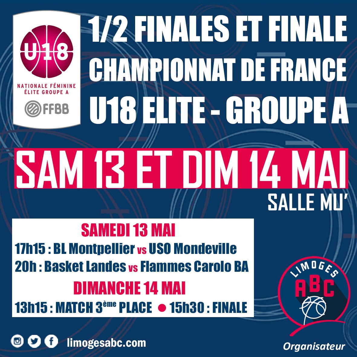 #U18Elite  ❗️JOUR J, SALLE MU’❗️
🏀 1/2 FINALES ET FINALE DU CHAMPIONNAT DE FRANCE - GROUPE A 🏀
17h15 > <a href="/BasketLMA/">BLMA</a> 🆚 <a href="/usombasket/">USO Mondeville Basket</a> 
20h00 > <a href="/BasketLandes/">Basket Landes</a> 🆚 <a href="/FlammesCarolo/">Flammes Carolo</a> 
Entrée gratuite ➕ Buvette ➕Petite restauration
A suivre en LIVE 🎥 > share.myplay.com/public-live/li…