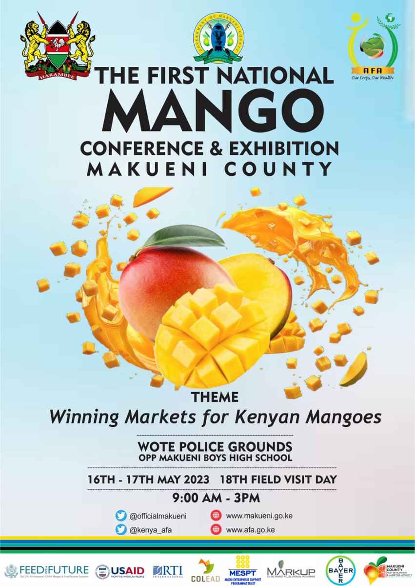 Grown_UnderSun's tweet photo. @kenya_afa & @OfficialMakueni will host the 1st Mango Conference on May 16-18, 2023.
The conference brings together mango farmers with a view to enhancing linkages & collaboration among stakeholders in the mango value chain.
#KenyaMangoConference #GrownUnderTheSun @kilimoKE https://t.co/ASJXmU6C5U