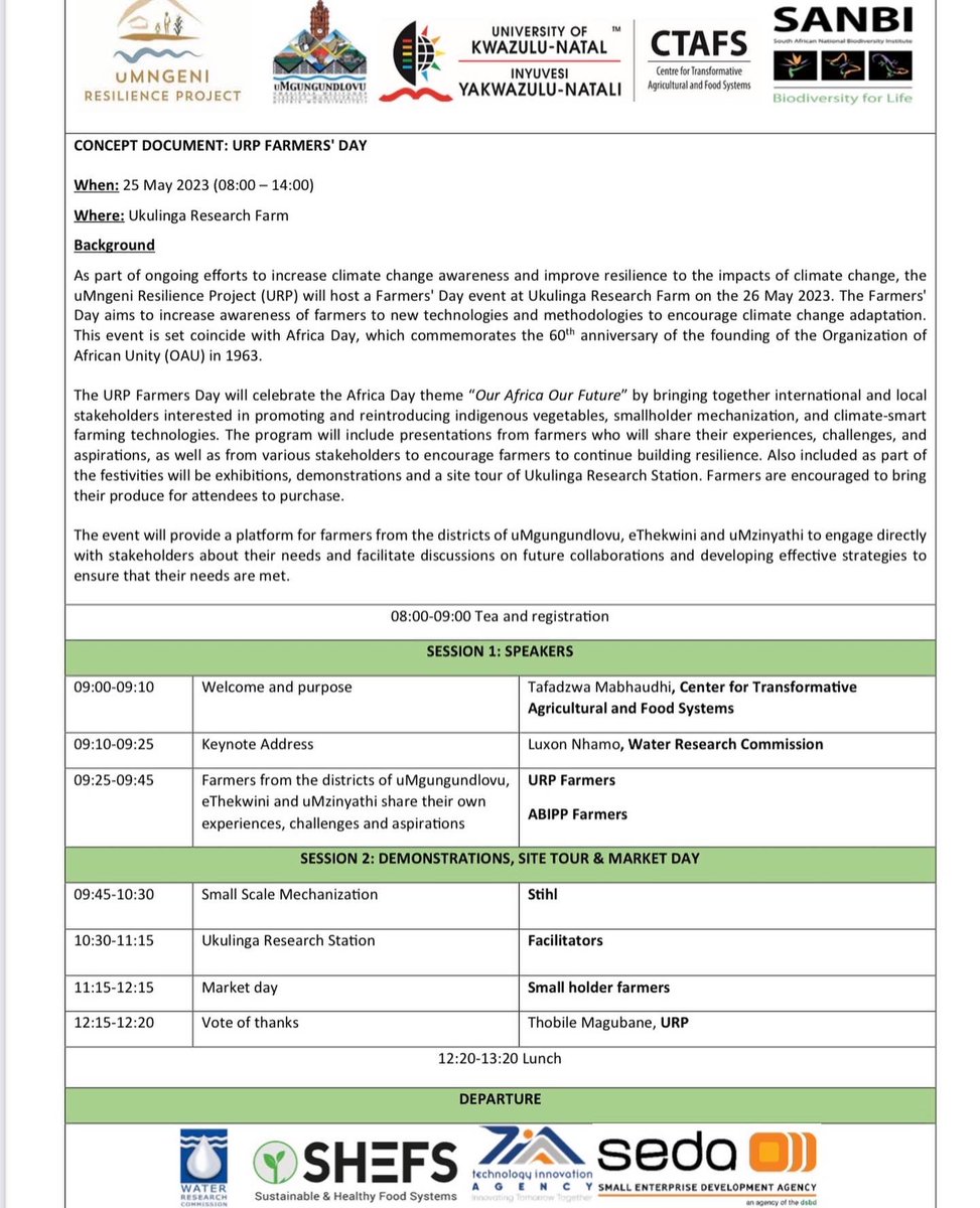 As part of ongoing efforts to increase climate change awareness and improve resilience to the impacts of climate change, the uMngeni Resilience Project (URP) will host a Farmers' Day event at Ukulinga Research Farm on the 26 May 2023.