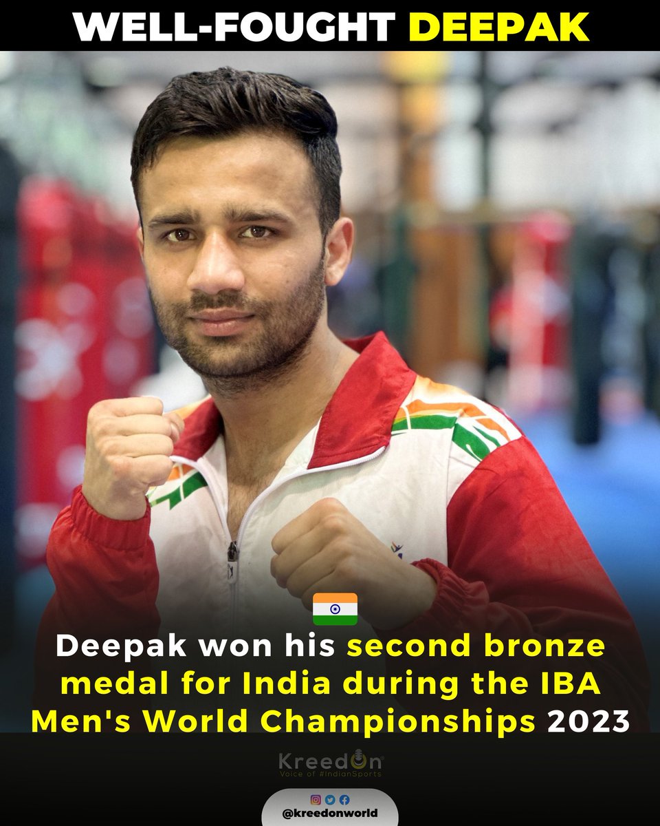 kreedonworld's tweet photo. ๐ Deepak Bhoria wins 2โฃnd ๐ฅ at the IBA Men's World Championships 2023, a proud moment for ๐ฎ๐ณ! ๐ช
Congrats, Deepak!๐๐ฅณ
#KreedOn #IBAWorldChampionships #BoxingChamp #IndiaWins #TOPSchemeAthlete #Grit #Determination #WellFought #YoungTalent #Inspiration #BoxingStar #Resilience https://t.co/4dp1kUAxLw