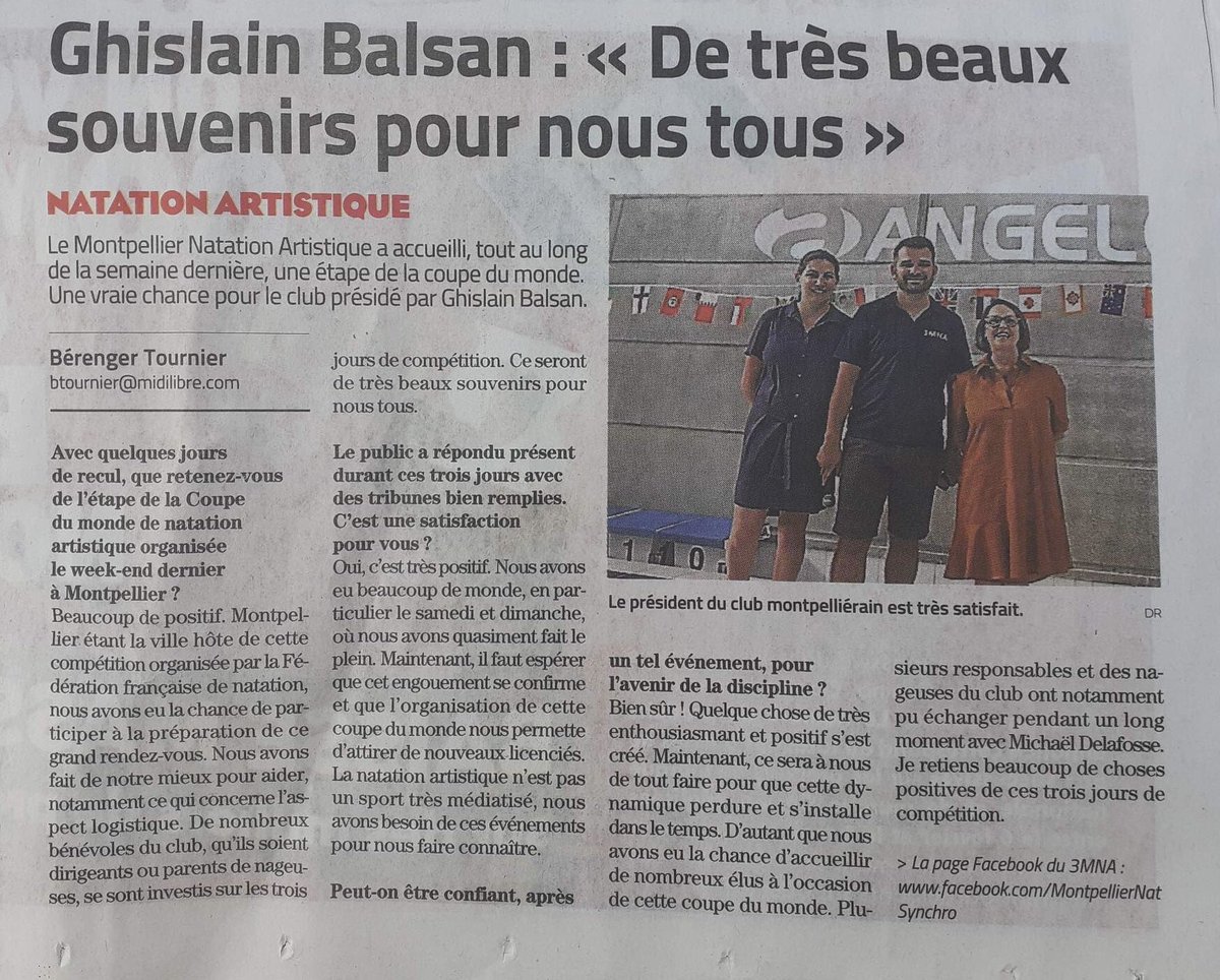 Le président du club <a href="/GhislainBalsan/">Ghislain Balsan</a> : « De très beaux souvenirs pour nous tous »
#Montpellier était la ville hôte de la Coupe du Monde de Natation Artistique qui s’est déroulée du 5 au 7 mai à la Piscine Olympique Angelotti. <a href="/WorldAquatics/">World Aquatics</a> <a href="/FFNatation/">FFN</a>