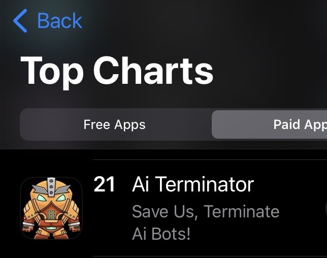 askjosephhass's tweet image. Wow! Ai Terminator IOS game is no 21 on the IOS Top Charts 🙀❤️🙀 
#iosgame #appbubbagames #ai #johnwick #terminator #ChatGPT