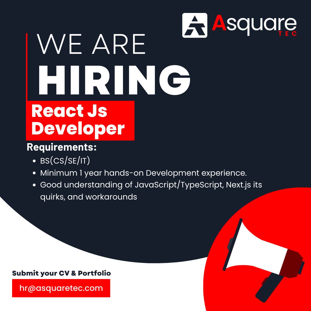 A React-Js developer post is available, match your eligibility and apply now.

#AsquareTec #ReactJSdeveloper #ReactJS #JavaScript #webdevelopment #frontenddeveloper #hiring #jobopening #softwareengineering #programming #developerjobs #LinkedInJobs