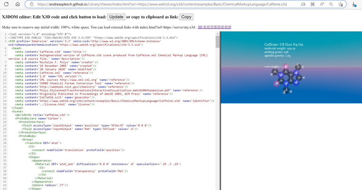 Web3DConsortium's tweet photo. #X3DOM Editor offers immediate online editing and rendering of X3D models. X3D Example Archives:      Basic, Chemical Markup Language, Caffeine, autogenerated from Chemical Markup Language (CML) source https://t.co/HYAuLgGf3n https://t.co/yY0NQlVzc4