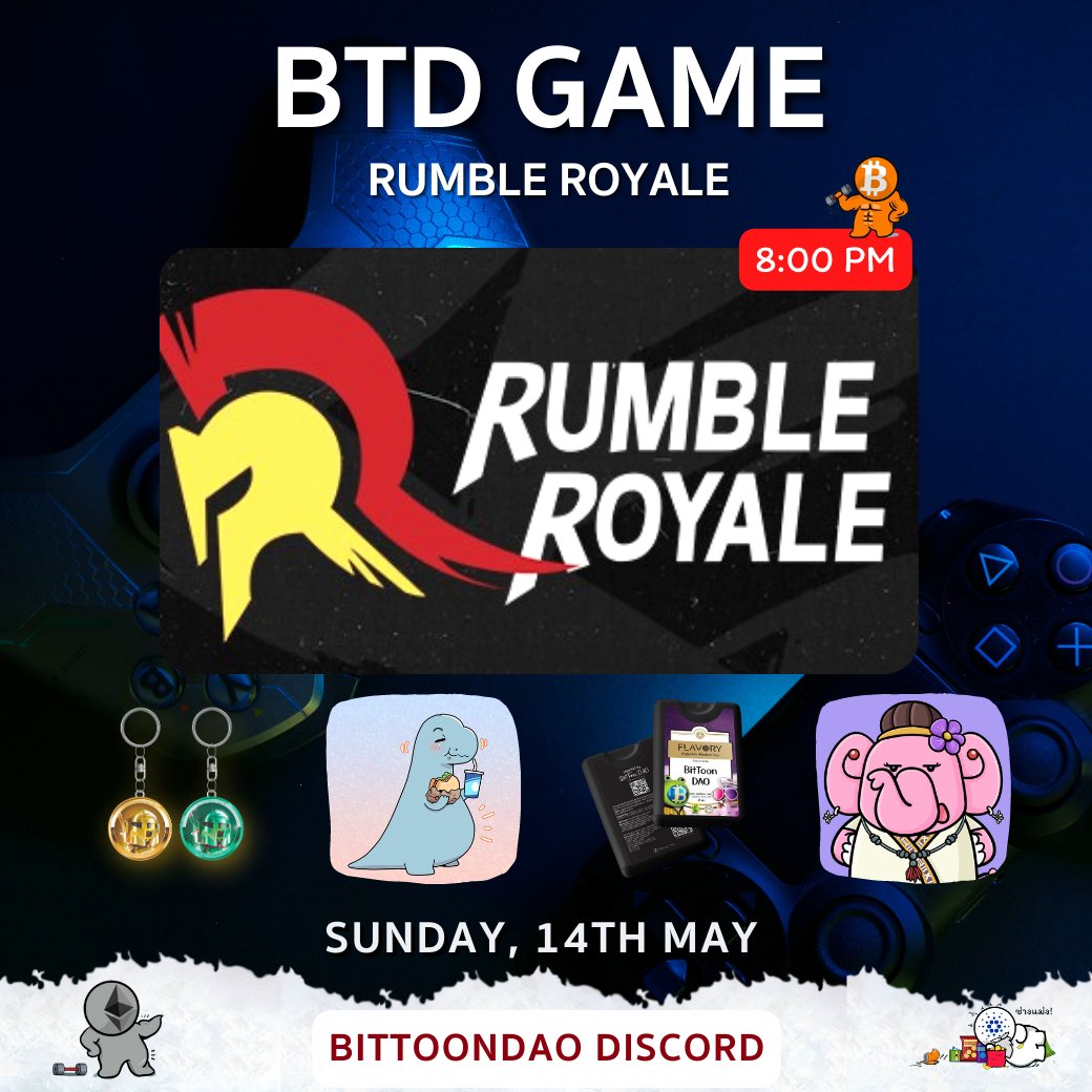 BitToonDAO's tweet photo. 📢#BTDGame is coming TOMORROW at NIGHT!

🎲RUMBLE ROYALE⚔️

⏲️14th May at 8 p.m.

🎁Prizes:
1️⃣ BitToonDAO Keychain
2️⃣ Dinosad NFT
3️⃣ BitToonDAO Alcohol Spray
4️⃣ Chang King NFT

👉Join at: https://t.co/RTYPKfG5Dj

#Rumble #RUMBLEROYALE #BitToonDAO #NFTs #NFTCommunity #NFTGiveaways https://t.co/amJkgLj5sy