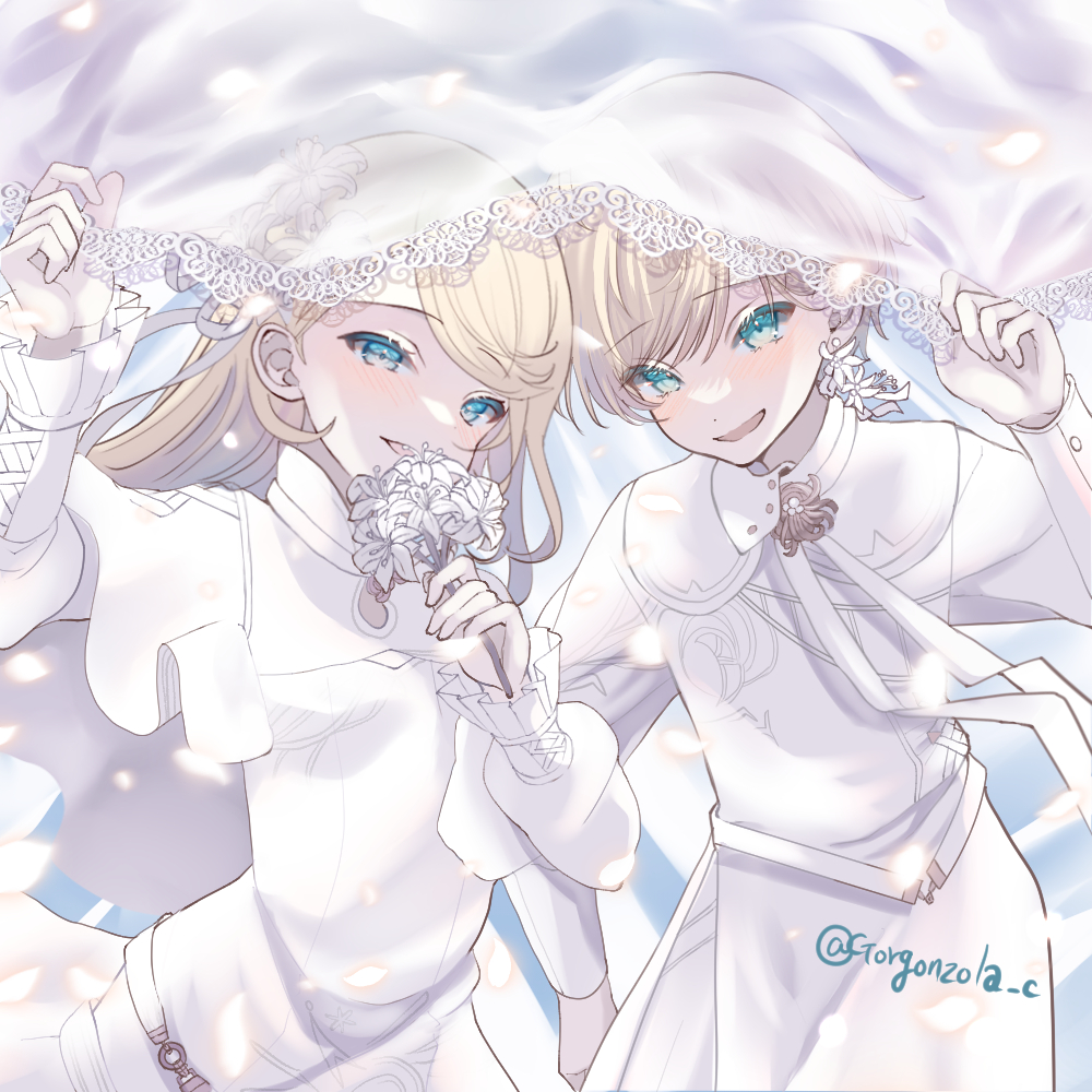 1boy 1girl veil blonde hair dress flower blue eyes  illustration images