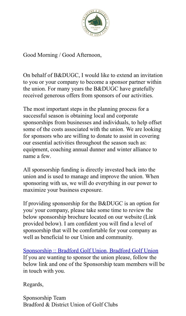 B&amp;DUGC Sponsorship opportunities, our sponsorship brochure &amp; webpage is now available and we welcome any businesses/individuals who would like to sponsor us, please follow the link below, fill out the online form and we’ll respond in due course bradfordgolfunion.co.uk/sponsorship