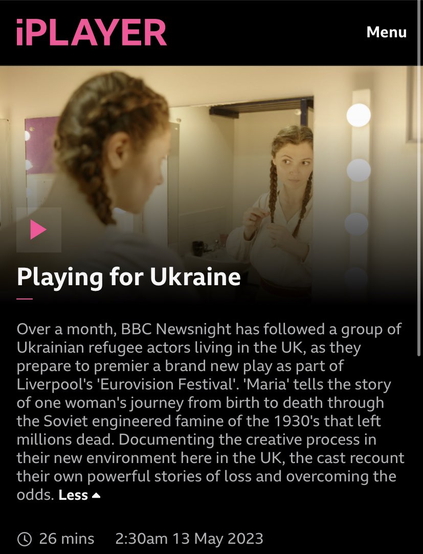 For over a month we’ve been following a group of refugee actors from Ukraine as they prepare to take to the stage premiering a new play - “Maria” - as part of the #Eurovision  festival in Liverpool.
This is their incredible story 👇
bbc.co.uk/iplayer/episod…