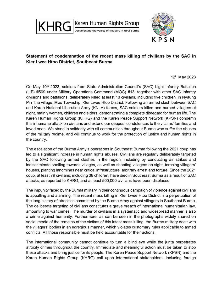 PVamplify's tweet photo. At least 18 incl. 5 children killed by #Myanmar military in Kler Lwee Htoo District, Karen State. Mainly women, children &amp; elders inhumanly killed &amp; burned at night. This is perpetuation of  the long history of atrocities committed military @khrg @KPSN19 https://t.co/WUv5Sw1nnb https://t.co/NRllG0kpu5