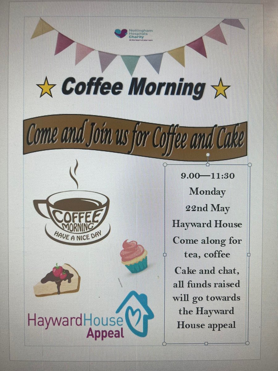 debbie_raffle's tweet photo. Calling all bakers @HaywardhouseDT are hosting a coffee and cake morning to raise funds for @NUHCharity , any support with baked goods would be very gratefully received .
Please join us for a cuppa and a chat and don’t forget your pennies 🍰🧁🥧🍩 https://t.co/byliZUjckr