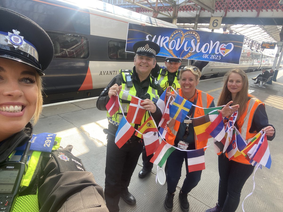 BTPCheshire's tweet photo. Today we are out and about carrying out high visibility across the stations  @AvantiWestCoast ensuring that everyone is travelling safe on the railway network and  showing our support for the #Eurovision2023  GOOD LUCK #btp #SeeitSayitSorted  #Crewe https://t.co/dx9nLTtQ5e