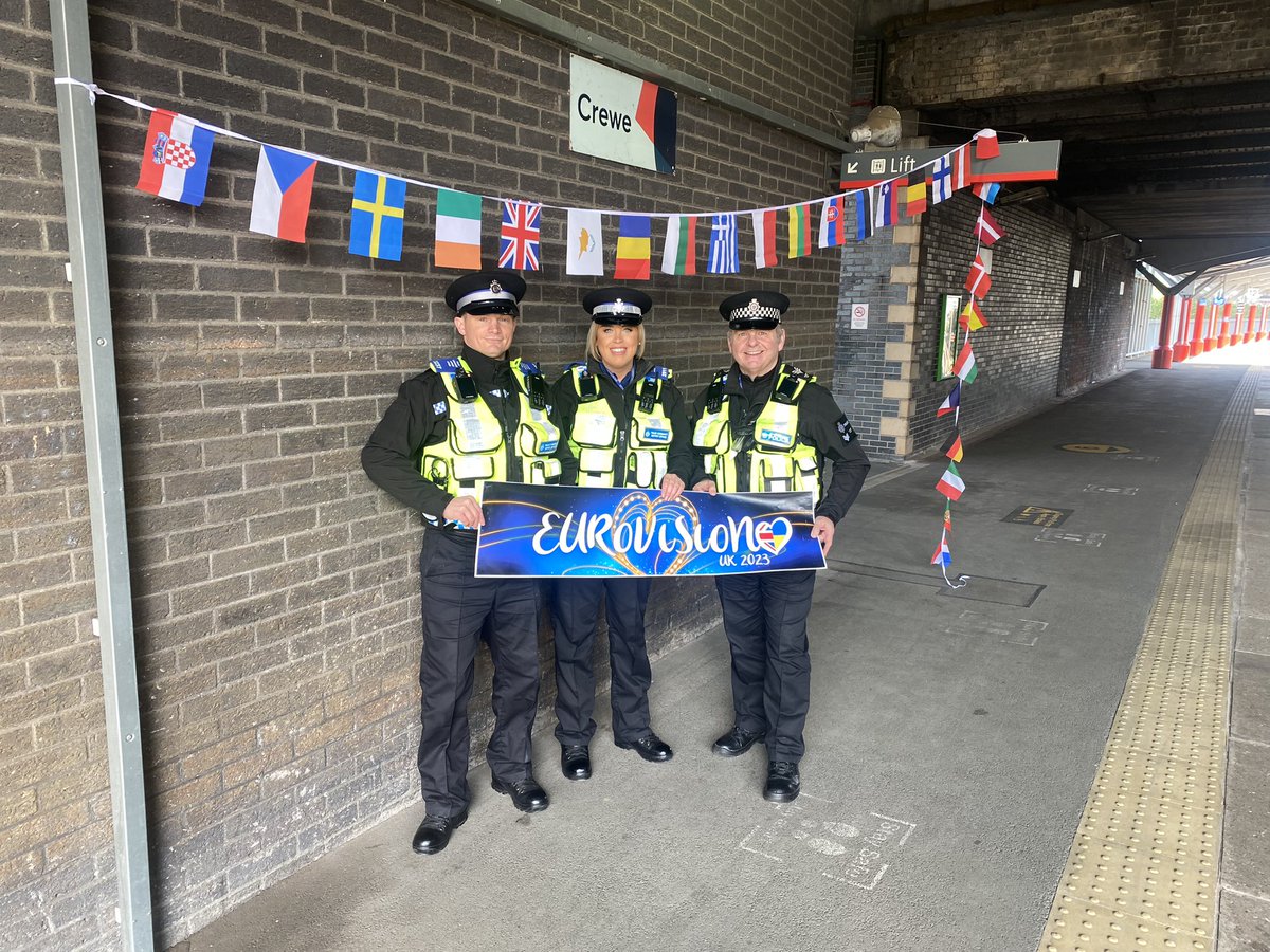 BTPCheshire's tweet photo. Today we are out and about carrying out high visibility across the stations  @AvantiWestCoast ensuring that everyone is travelling safe on the railway network and  showing our support for the #Eurovision2023  GOOD LUCK #btp #SeeitSayitSorted  #Crewe https://t.co/dx9nLTtQ5e