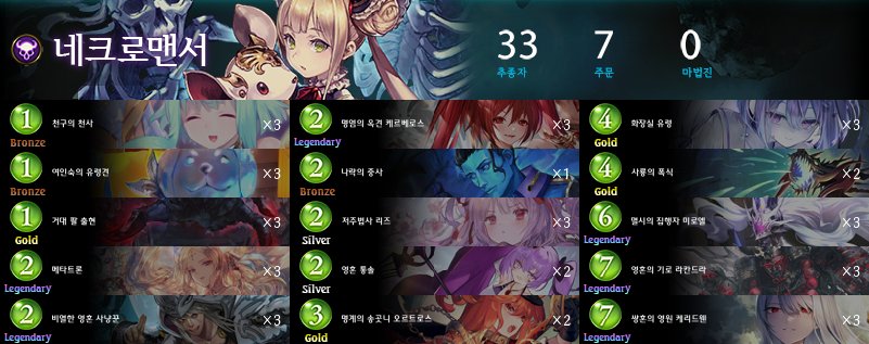 SKO S2 최종진출전 D조 패자조 패배
네크로맨서 덱은 <a href="/qgsIgAPMcZHwN8l/">Japari</a> 님의 아이디어를 따왔어요 패가 말린 판이 많아 아쉽네요