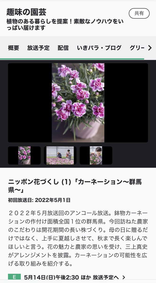 hanaclub123's tweet photo. 群馬県を代表するカーネーション生産農家の星野さんが出演されました「NHK 趣味の園芸　ニッポン花づくし」明日5/14 14:30から再放送されます。
鉢植えカーネーションの置き場所に最適なのは？長持ちさせるにはどうすればいい？気になる質問に答えてくださっています！
#母の日　#カーネーション https://t.co/oavYTk3enp