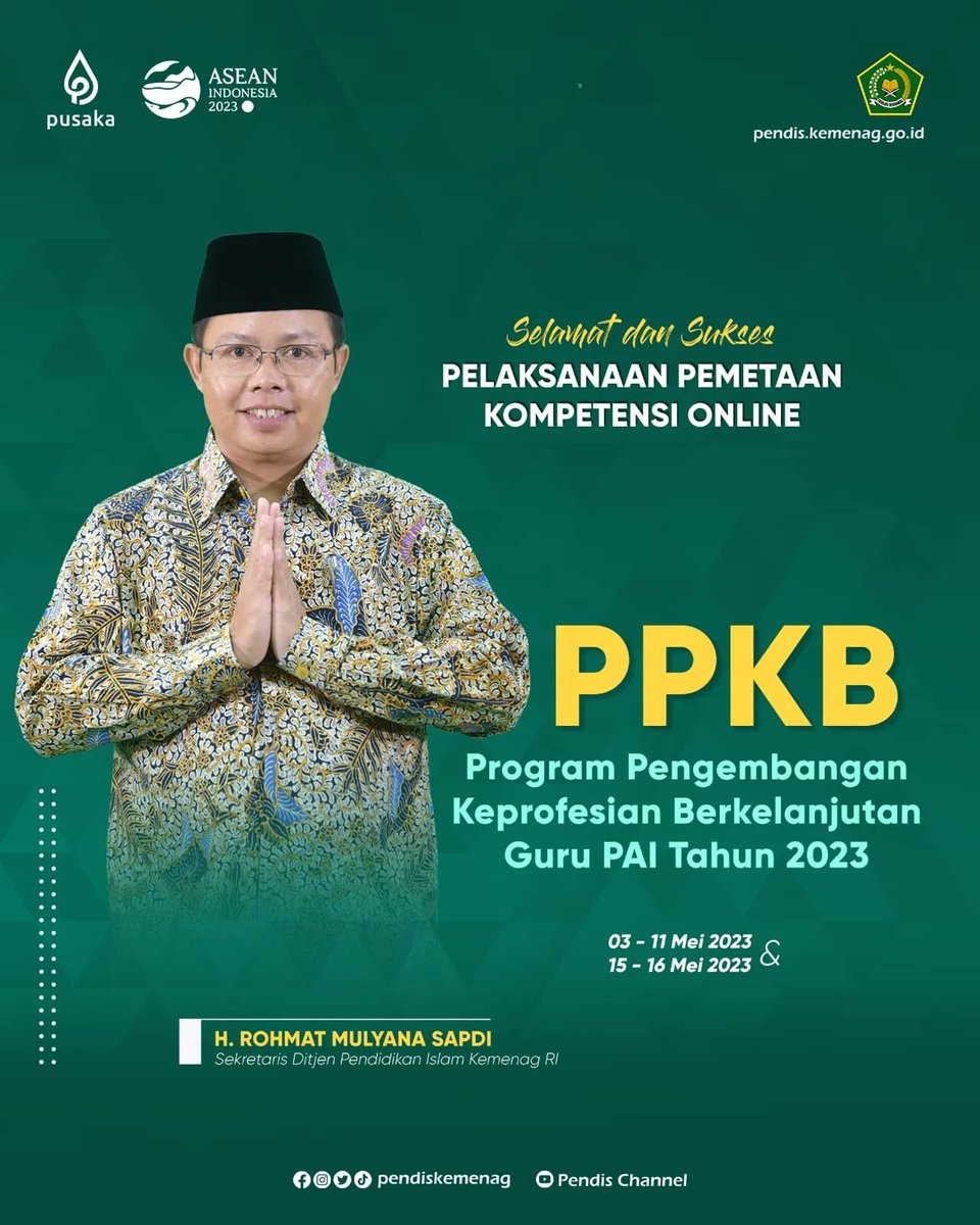 direktorat_pai's tweet photo. Selamat dan Sukses atas Pelaksanaan Pemetaan Kompetensi (PK) Online Program Pengembangan Keprofesian Berkelanjutan (PPKB) Guru Pendidikan Agama Islam (GPAI) Tahun 2023
@PendisKemenag
@Kemenag_RI
#kerukunanumatuntukindonesiahebat #paimoderat #moderasiberagama https://t.co/Eo0JxO8Cdu