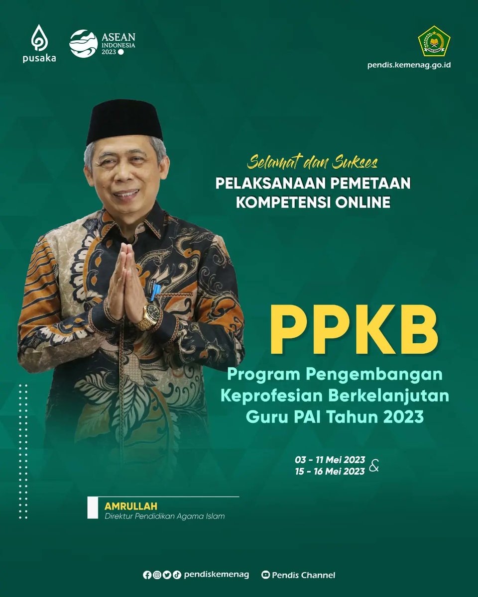 direktorat_pai's tweet photo. Selamat dan Sukses atas Pelaksanaan Pemetaan Kompetensi (PK) Online Program Pengembangan Keprofesian Berkelanjutan (PPKB) Guru Pendidikan Agama Islam (GPAI) Tahun 2023
@PendisKemenag
@Kemenag_RI
#kerukunanumatuntukindonesiahebat #paimoderat #moderasiberagama https://t.co/Eo0JxO8Cdu