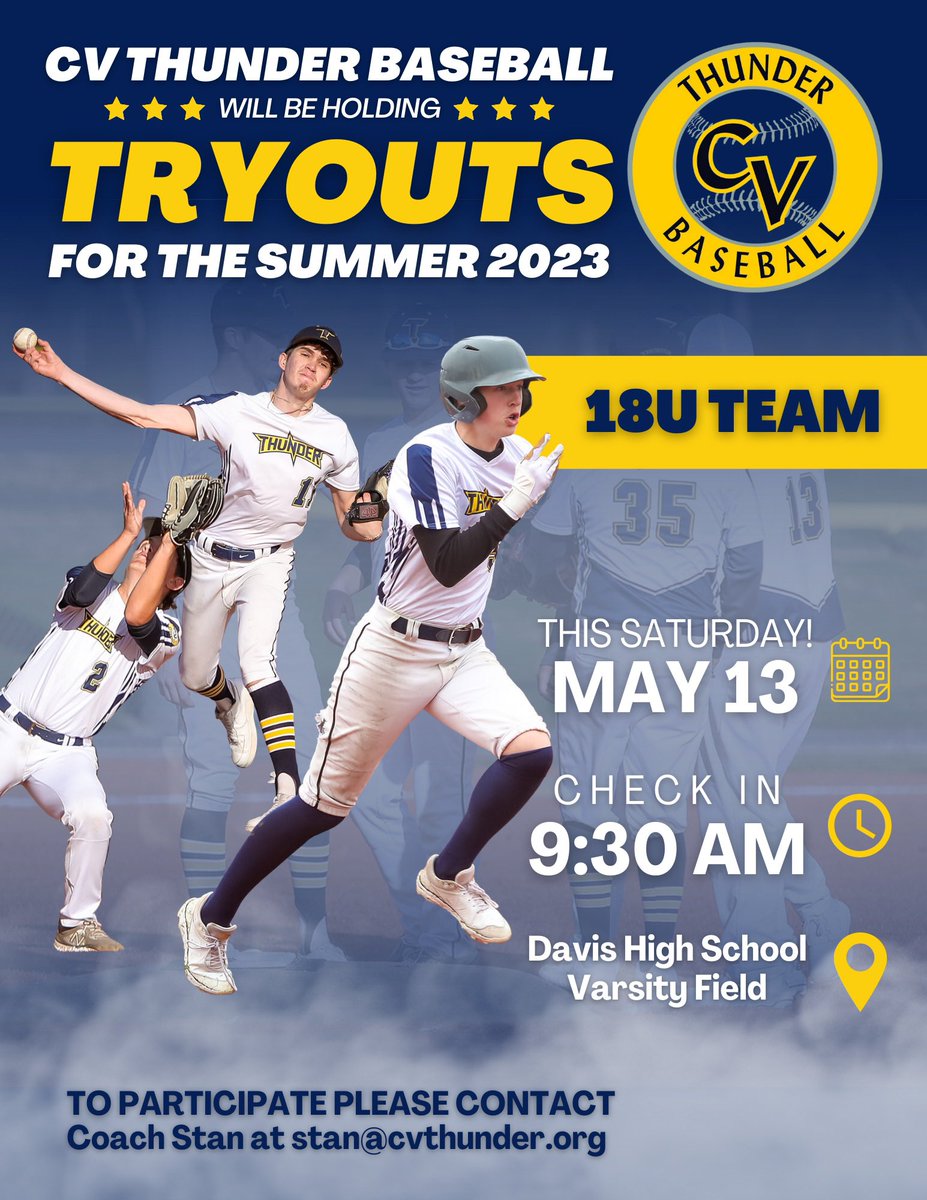 **TOMORROW MORNING**

@cvthunder will be holding 18U tryouts at Davis High School’s varsity field. Check in is at 9:30 AM. Always fun using some of my action shots to create a poster! 

#cvthunder #travelball #tryouts #sportsphotography #teamphotographer