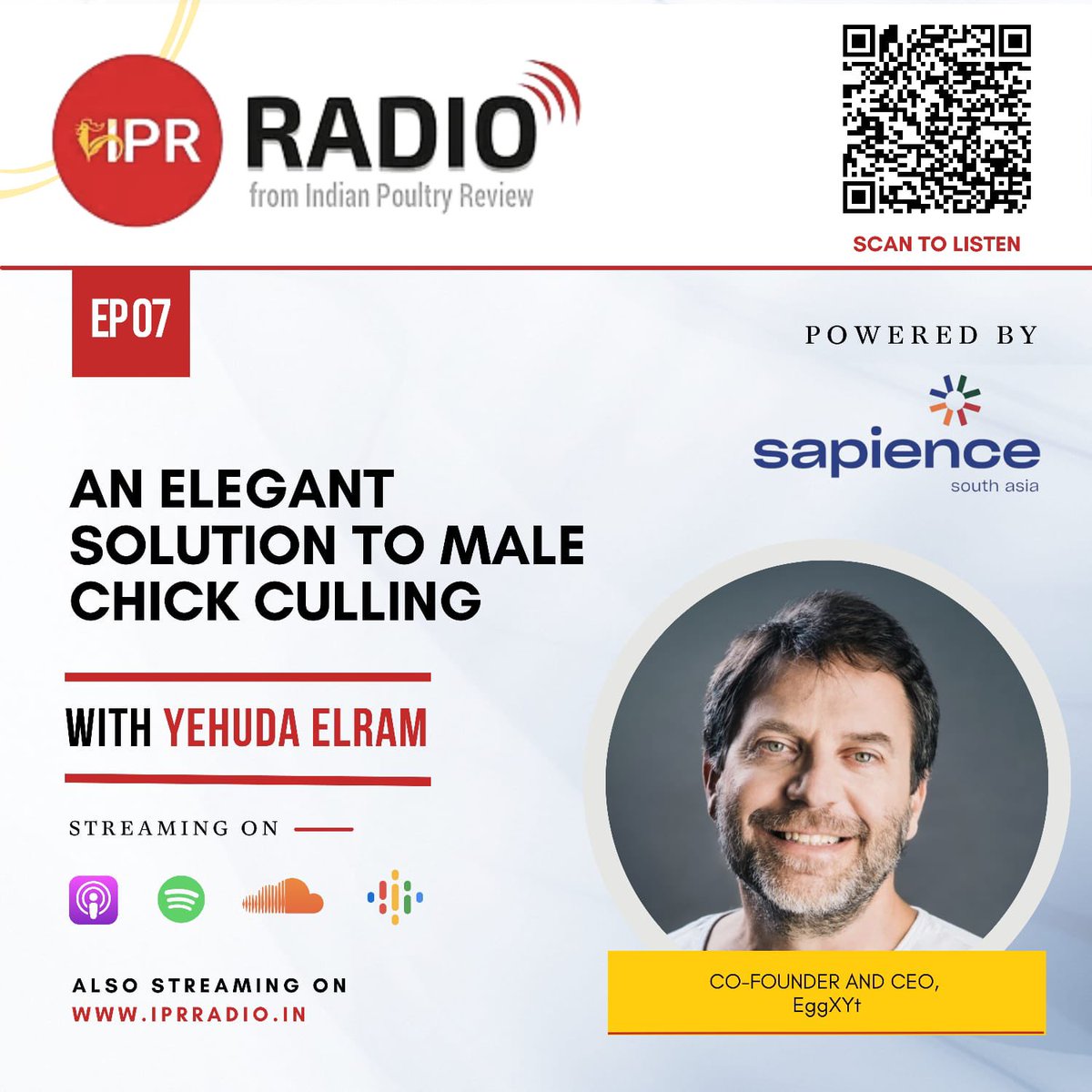 #streamingnow In this episode of IPR Radio, <a href="/ElramYehuda/">Yehuda Elram</a> speaks about using gene editing technology for chick sex detection . To listen / download, scan the QR code or click bit.ly/3MmABit.
Also available on Apple Podcast, Spotify, SoundCloud &amp; Google Podcast.