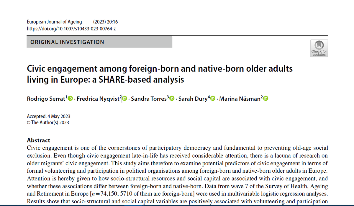 📢New <a href="/civex_mybl/">CIVEX_MYBL</a> paper published in open access in the European Journal of Ageing 🔍rdcu.be/dbWDR. We analyse predictors of civic engagement among foreign-born and native-born older adults in Europe. <a href="/RodrigoSerrat6/">Rodrigo Serrat</a> <a href="/FredricaNyqvist/">fredrica.nyqvist@abo.fi</a> @DurySarah <a href="/AboAkademi/">Åbo Akademi University</a>