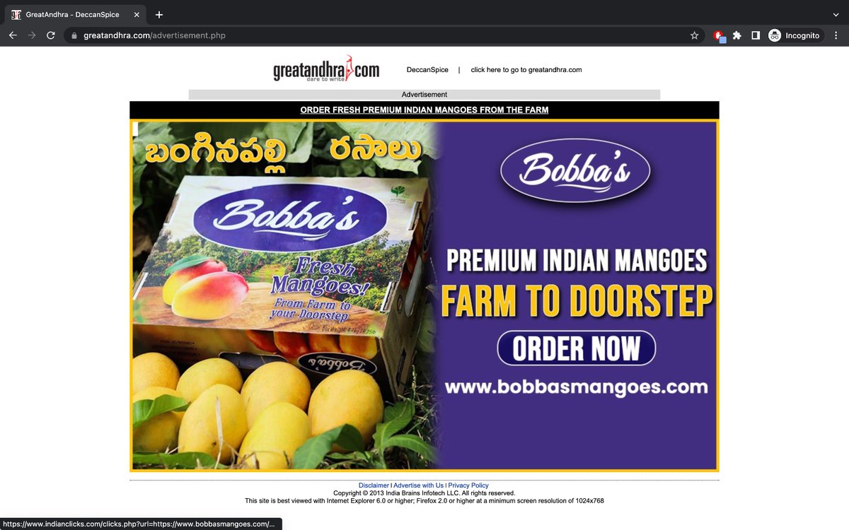 IndianClicks's tweet photo. Indulge in the superior taste of #Bobbas Premium Indian Mangoes, showcasing the finest quality, Landing Page Ads are now on a Popular Website @greatandhranews
Now directly from Farm to your doorstep.🥭🌳😋
Order Now🥭➡️https://t.co/hx2xDASvxV
#BobbasMangoes #PremiumMangoes #IndianMangoes #FarmMangoes #HomeDelivery #IndianInUSA