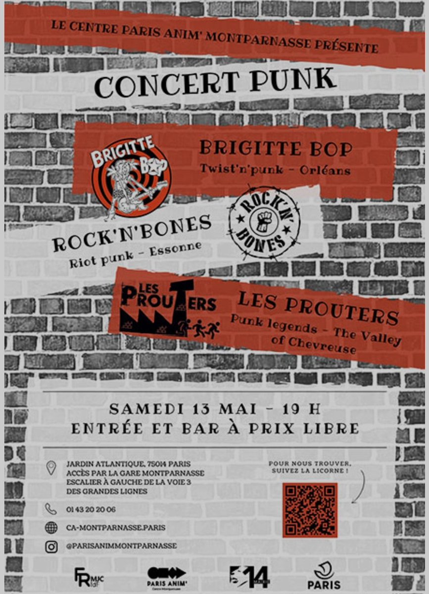 RockNBonesCrew's tweet photo. Samedi 13 mai 2023
Concert au Centre Paris Anim Montparnasse

Brigitte Bop (twist n punk)
Rock'N'Bones (riot punk)
Les Prouters (punk legends from the valley of Chevreuse)

Début du concert à 19h. 
Entrée et bar à prix libre https://t.co/VxskShapFh