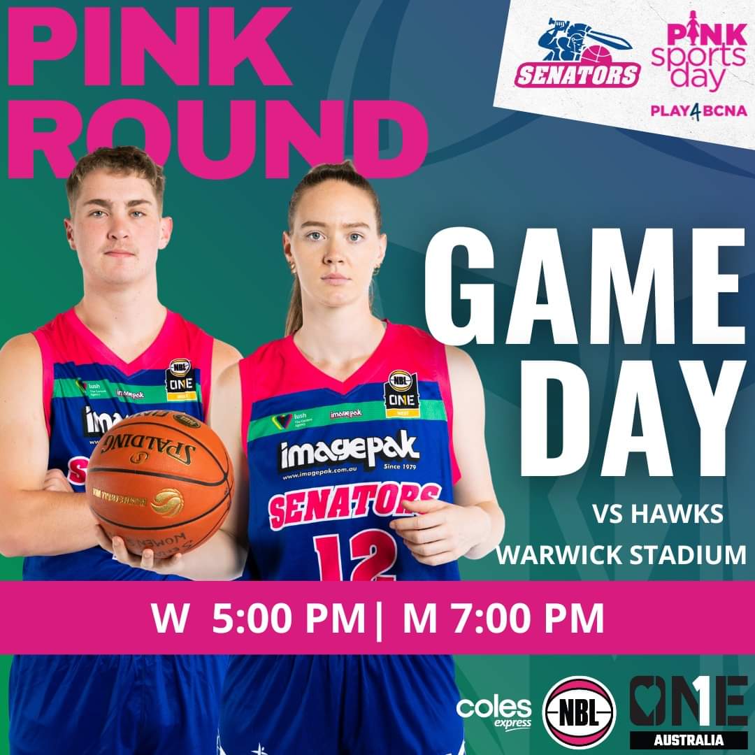 Big time Saturday Night @nbl1_west Double Header tonight as part of the @nbl1 PLAY4BCNA pink Round as the #WarwickSenators host @PerryLakesHAWKS

Join us tonight live on the @nbl1 app this evening.

Women's- 5pm
Men's - 7pm