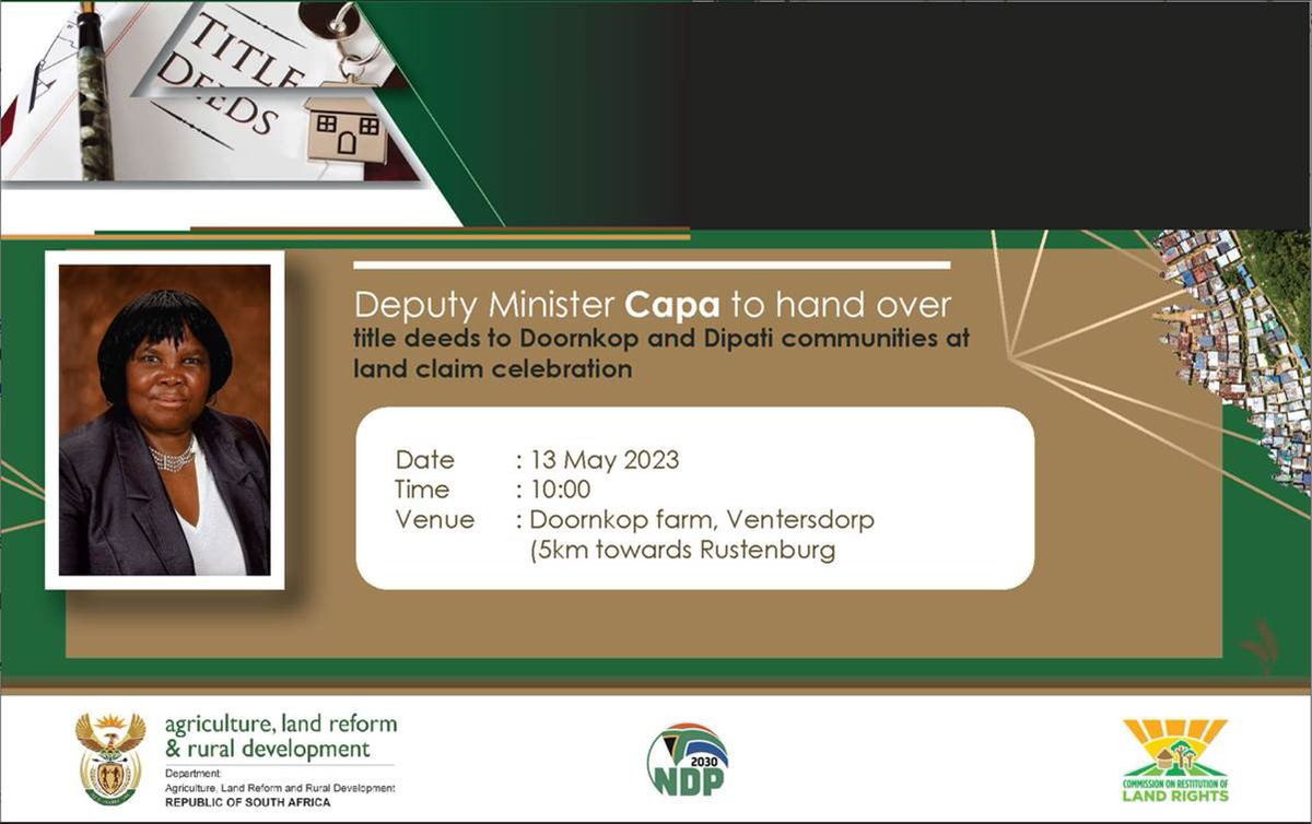 DOAgov_ZA's tweet photo. The Deputy Minister of the @DALRRDgov_ZA, Ms. Rosemary Capa, will Today, hand over #TittleDeed, #Mechanisation & #LiveStock to the Dipati community & Doornkop individual plot owners in Doornkop Farm Ventersdorp, North West. #AcceleratingLandReform #LandIsFreedom https://t.co/FSDOrYwICI
