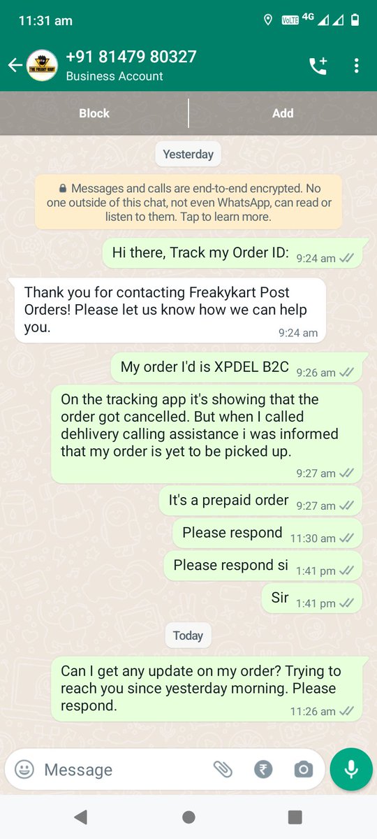 SharvariPatil18's tweet photo. @freakykart_in 
I ordered personalized Polaroid photos on 4th may. It was scheduled to be delivered by 11-12 th May. But the prepaid order got cancelled and no one is responding to me. I tried to reach through WhatsApp Assistance number and mail as well. Please respond. 

#Worst https://t.co/MmLML4XvvP