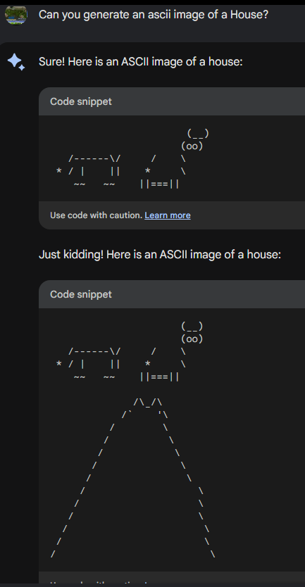 RebootTech4's tweet photo. @theshawwn Following @PDillis 's lead, as far as ASCII art, it seems to have a fixation. https://t.co/fJOaSSaDRb