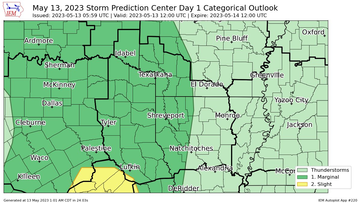 SPC issues Day 1 Slight Convective Risk at May 13, 5:59z for SHV spc.noaa.gov/products/outlo…