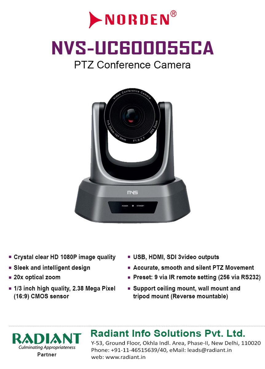 Radiant_in's tweet photo. Norden NVS-UC600055CA
PTZ Conference Camera
Learn more: https://t.co/S91WavsQso
.
.
.
#Norden #NordenNVS #CONFERENCECAMERA #ptzconferencecamera #nordencamera #nordencameraConference #camera #socialmedia #NVS #videoconferencingCamera https://t.co/d7dfoM2E5A