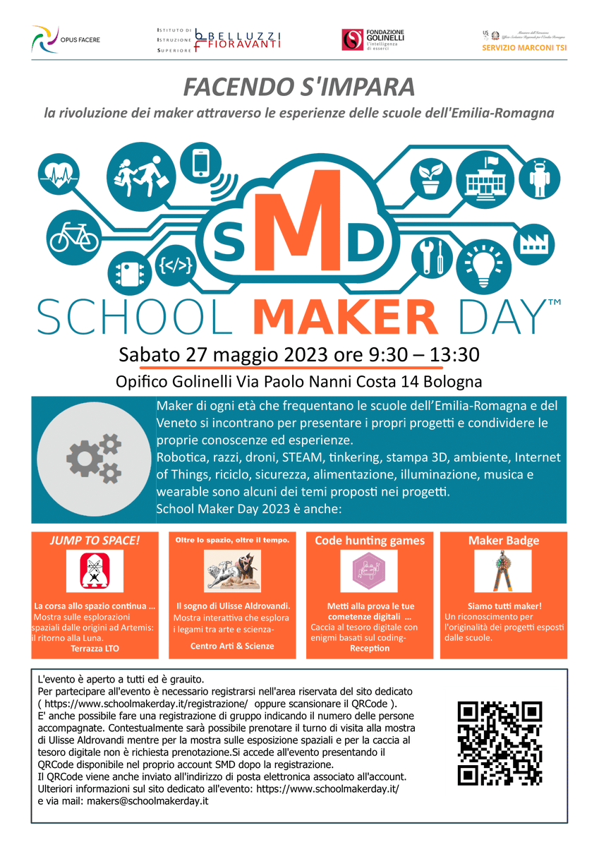 Torna lo School Maker Day!
Sabato 27 maggio 2023 dalle 9.30 alle 13.30 all’Opificio Golinelli via Nanni Costa 14 Bologna.
L’esposizione è aperta a tutti e l’accesso è gratuito.
Ulteriori informazioni ed Iscrizione su schoolmakerday.it