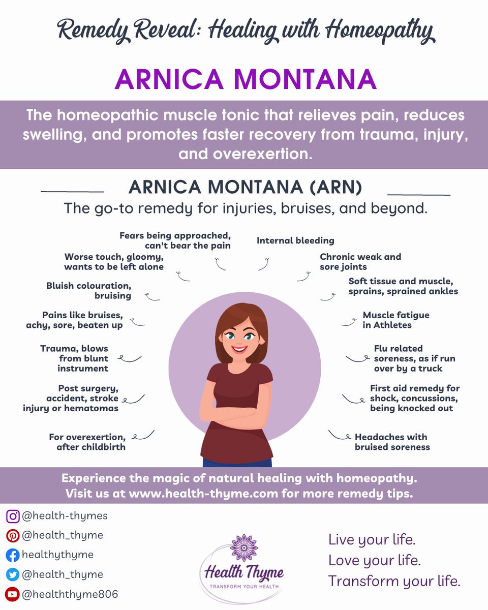 Arnica, a natural remedy with a long history in homeopathy, is commonly used in 200C potency to address acute symptoms such as bruising, swelling, muscle soreness, joint pain, and arthritis. Link to download:  health-thyme.com/remedy-reveal-…. #homeopathyrocks #homeopathyworks #homeopathy