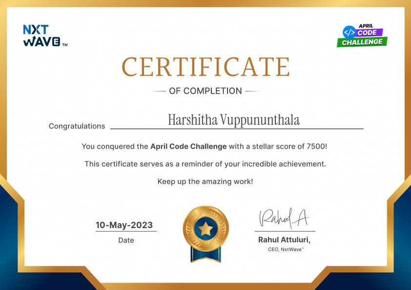 425Chary's tweet image. Hello connections..!!!
I am glad to share my certificate of completion in April code challenge
•••THANKYOU NXTWAVE•••
@nxtwave_tech @rahulattuluri #ccbpacademy
#aprilcodechallenge