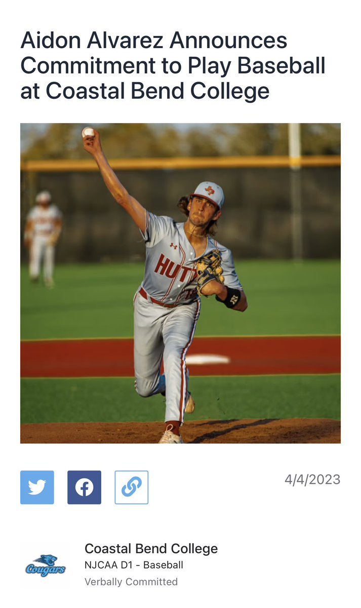 Proud of you <a href="/AidonAlvarez/">Aidon Alvarez</a> You had a great senior season at Hutto. I am super thankful for <a href="/BaseballHutto/">Coach Stringer</a> (coach stringer) and <a href="/Coach_Pisella/">Chris Pisella</a> for leading the way! Can’t wait to see you fulfill your dream while you continue playing the game <a href="/CougarsCBC/">CoastalBendCollegeCougars</a>