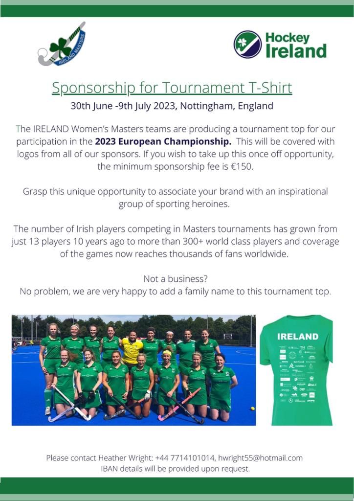 I'm excited to have been selected for the Irish Over 40s again this year and I'm seeking sponsorship to help reduce the costs of this self funded campaign.

If you can help, see the info below!

Smaller contributions also welcomed!

☘️☘️☘️☘️☘️

#MWC2023 #IrishHockey #Represent