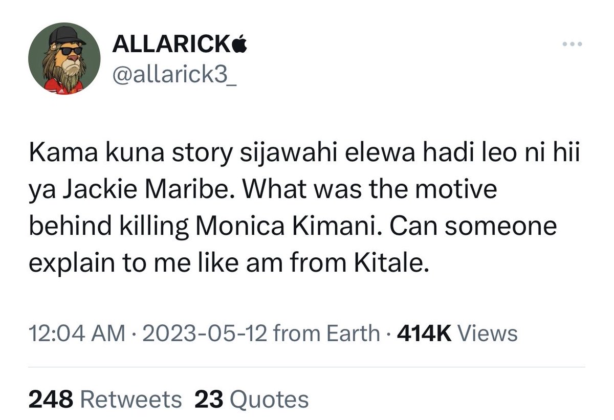 Monica Kimani was dating a South Sudanese governor who had given her lots of cash to stash in Nairobi.

Jowie and Jackie Maribe were “friends” of Kimani and knew she had arrived with lots of cash in US dollars.

They went to “visit” Kimani, murdered her and STOLE the cash!