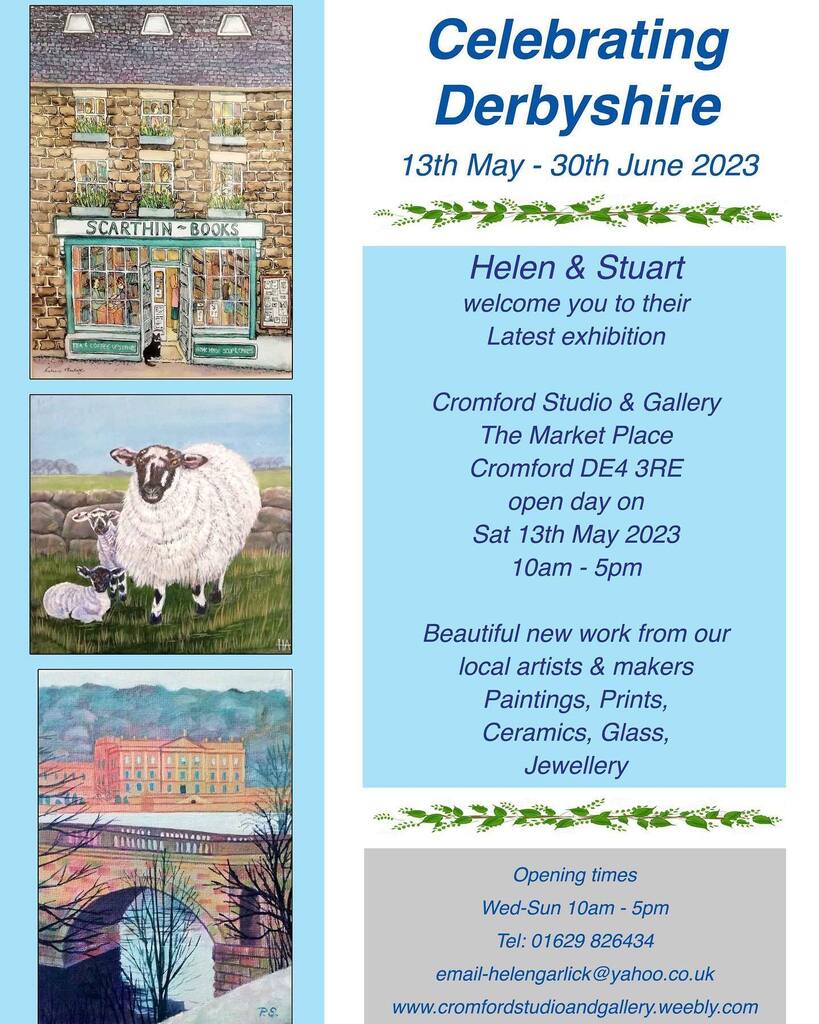 Cromford Studio and Gallery’s new exhibition starts on 13th May until 30th June ‘CELEBRATING DERBYSHIRE’ 
I’m happy to say some of my work is on display, cards, originals, books and prints 👍alongside work from other top-notch artists and makers.
Lovely @helenabsalomart02 and…