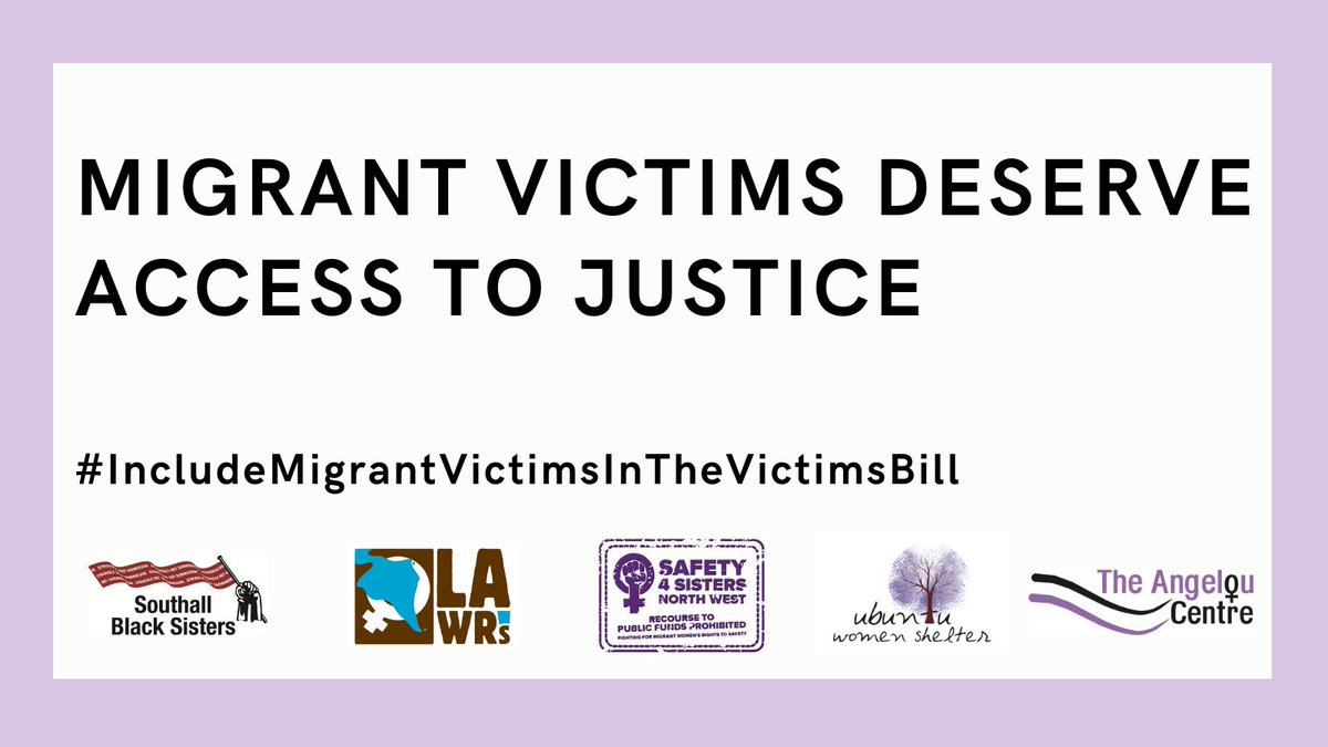 All victims of crime deserve protection. This is why we join <a href="/lawrsuk/">Latin American Women's Rights Service - LAWRS</a>, <a href="/SBSisters/">Southall Black Sisters</a>, <a href="/Safety4Sisters/">Safety4Sisters</a>, <a href="/UbuntuGlasgow/">Ubuntu Women Shelter</a>, &amp; <a href="/AngelouCentre1/">AngelouCentre</a>'s campaign calling for the Victims and Prisoners Bill to include protection for migrant victims as part of this legislation. (1/2)