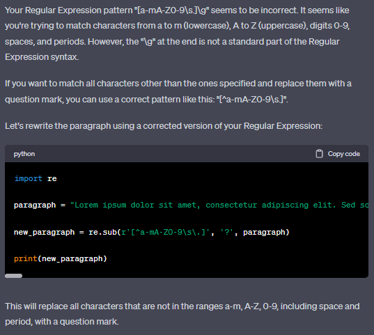 RebootTech4's tweet photo. @theshawwn This one probably isn't fair.  While GPT-4 doesn't necessarily give you the response directly.  It gives you the code to get your response (second picture). In bard, I added a \g separately when it only matched the first character.  GPT-4 intuited replacement of all characters. https://t.co/Ux2gglhDBq