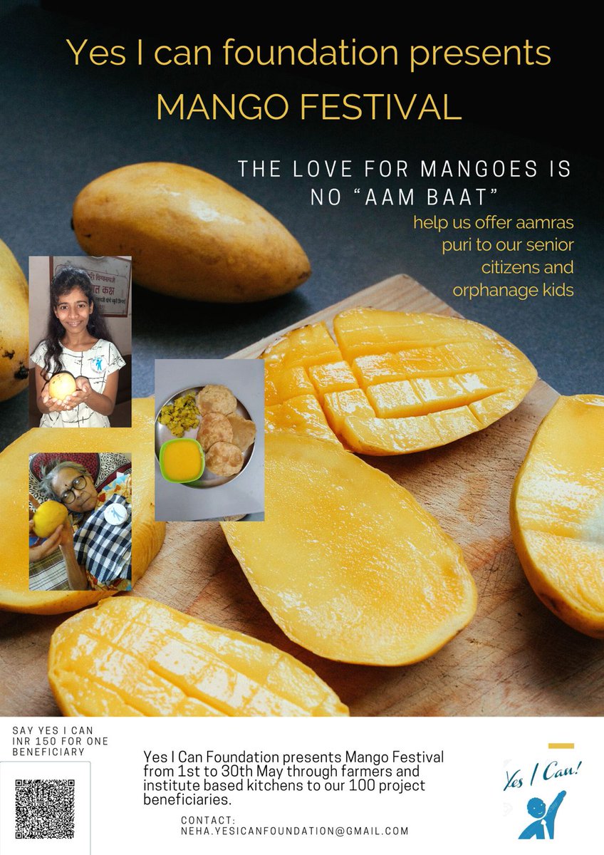Actionforchang5's tweet photo. Yes I Can Foundation is back with its popular volunteering project - Mango Festival 🥭.
Contribute your bit and feed Aamras Puri/ Mangos to our projects beneficiaries including our old age home residents, our girls staying in an orphanage and our saksham girls .
Say Yes I Can. https://t.co/5ifhctVwM4