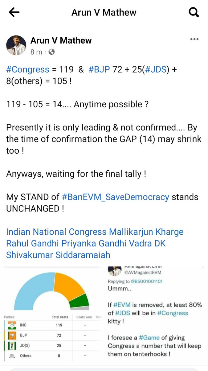 AVMagainstEVM's tweet photo. #KarnatakaElectionResults
On 9th May 2023, I tweeted my hunch & voila it's on-the-button !
Check the pictures attached...!
#CongressGovt will be ALLOWED to RUN till May 2024 & then #GoaStory !
@INCIndia @kharge @RahulGandhi @priyankagandhi @AliBhai7599 @JessySkaria @IYC https://t.co/anzqz9e6Si