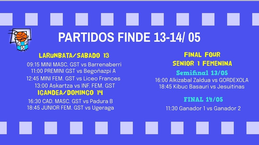 GordexolaST's tweet photo. 🏀🏀🏀 CARTELERA FIN DE SEMANA 🏀 🏀🏀

Mucho baloncesto en Gordexola y sobre todo, a animar a las senior en la F4. https://t.co/6JqpY14j8m