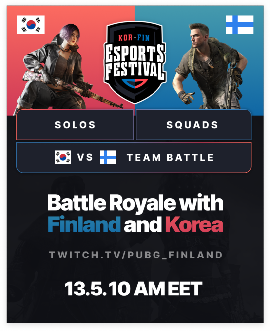 PUBGFinland's tweet photo. 🇰🇷🇫🇮 Kor-Fin Esports Festival solo karsinnat ovat nyt käynnissä! 

📺Seuraa taistoa:
https://t.co/dXioHMOyE7

🎙️Selostamossa tänään vuorottelee:
Matti @CastByCopter Korvenmaa
Henri @HeKsyStream Ilvonen 
Pauli @M00nForrest Anttila!

#esportsfi #pubgfi https://t.co/gTvvAF2Kyb