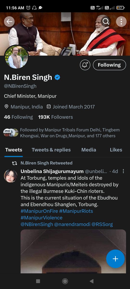 valtetawna's tweet photo. Seen here is the CM Biren retweeting a Meitei Propagandist's tweet! 
This is why we don't trust in the state government! 
How will we ever feel safe when the CM continues to take such a communal stance against the tribals! 

#BirenResign
#WeNeedPresidentRule https://t.co/wODmC5z5Wt