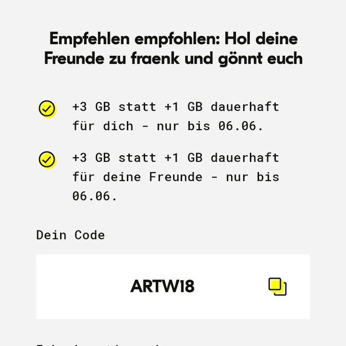 LittleR08860957's tweet photo. CODE -> ARTW18 <- für dauerhaft +3GB mtl. 💛

Nur noch bis zum 6.06.2023 
 💛

#fraenkforfriends https://t.co/AYof9Mb886