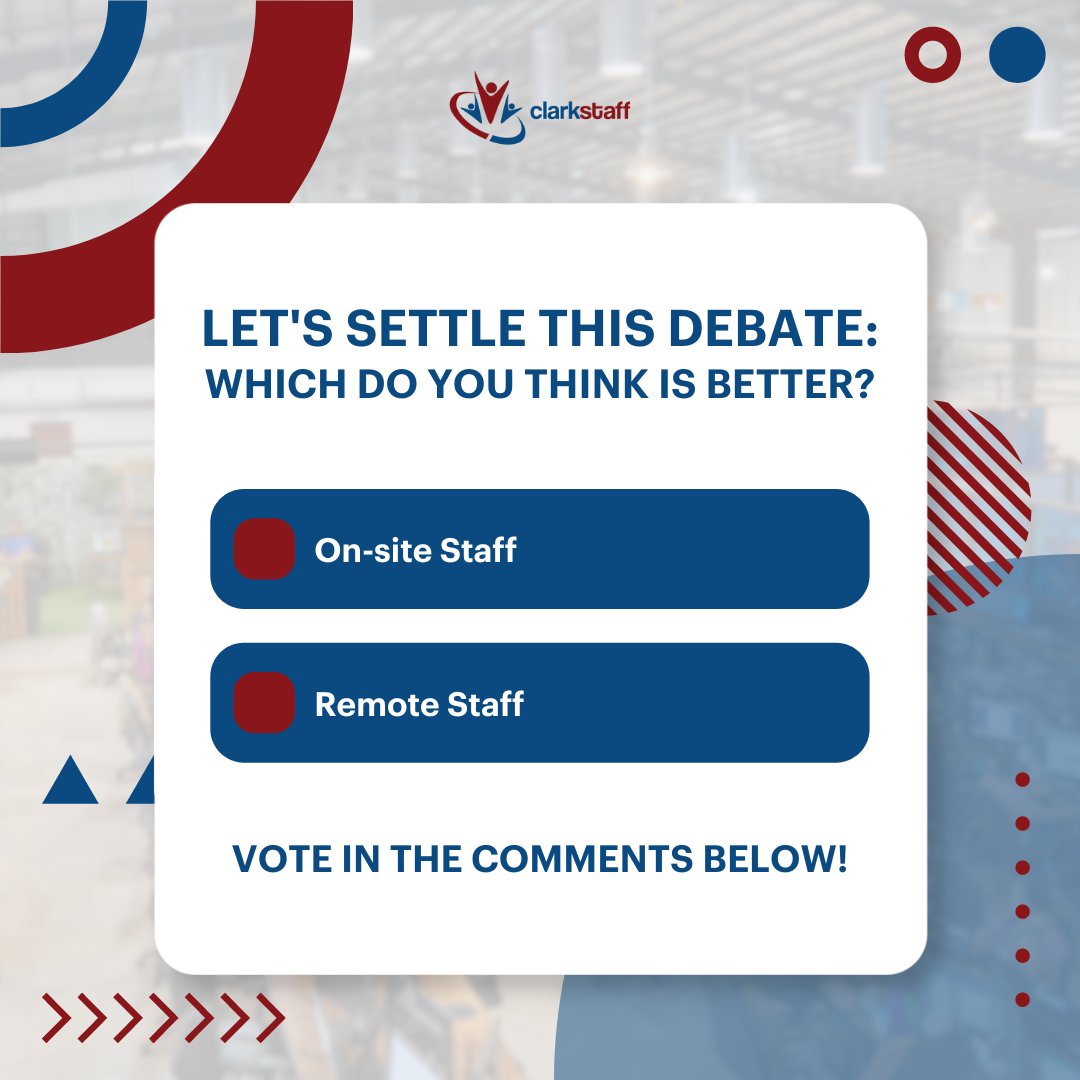 Are you Team Remote Staff or Team On-Site Staff? We want to know which side you're on! Reply below and join the debate. 

For Remote Staffing solutions, we got you! Head to clarkstaff.com!

#remotestaffing #onsitestaff #remotestaff #outsourcing #workfromhome