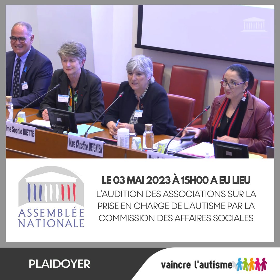 Le 3 mai a eu lieu l'audition de associations sur la prise en charge de l'autisme, présidée par <a href="/FadilaKhattabi/">Fadila Khattabi</a> Présidente de la Commission des Affaires Sociales, au sein de l'Assemblée Nationale. 
Chers parents, partagez cette audition : videos.assemblee-nationale.fr/video.13329237…