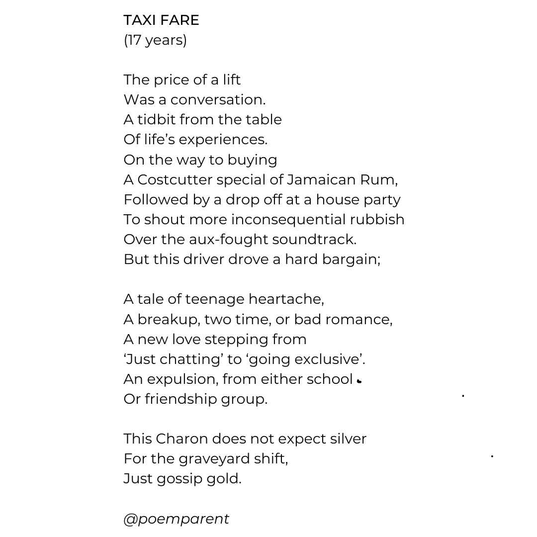 For all the parents ferrying their kids to Saturday night parties tonight. Drive a hard bargain. 

#parenting #parentingtips #parentingteens #parentingteenagers #parentingkids #raisingteens @raisingteenstoday #parenttaxi #momtaxi #dadtaxi #poem #poetry #poemoftheday #dailypost